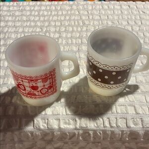 Fire King White, Red & Brown Set of 2 Vintage Mugs